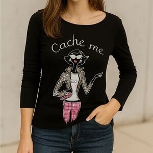 CACHE EMBELLISHED SO CUTE BLK / PINK WHITE / SILVER LONG SLEEVE NWOT SZ M